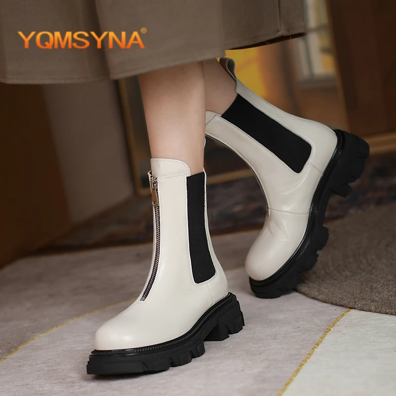 

Повседневные женские ботинки YQMSYNA, удобные нескользящие Ботинки Челси на толстой подошве и квадратном каблуке, Офисная Женская обувь на молнии с круглым носком AS356