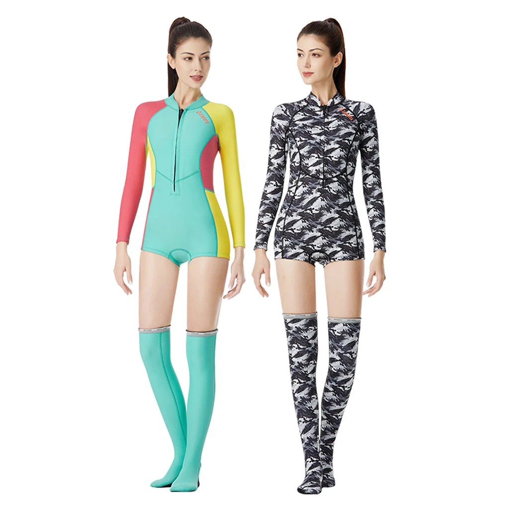 Women Neoprene One-piece 1.5mm Wetsuit Front Zip Long Sleeve Diving Snorkeling Swimwear Wetsuits