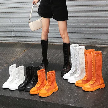 

2020 High Tube Mesh Mesh Leather Martin Boots Ladies Boots Autumn New Women Riding Boots White Black Orange