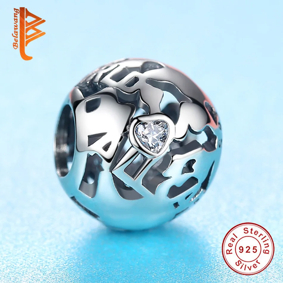 Круглый шар, 925 пробы, серебряный шарм, полое сердце, Кристальный мир, бисер, подходит для оригинального браслета pandora, ювелирные изделия для путешествий, подарок