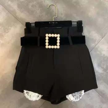 

2019 autumn new pleated belt with sequined side high waist shorts