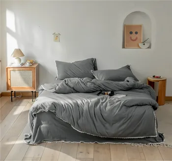 

New Arrival 3/4pc Soft Cotton Jersey Knitted Bedding Set With Lace Single Queen King Size Dekbedovertrek Grey Housse De Couette