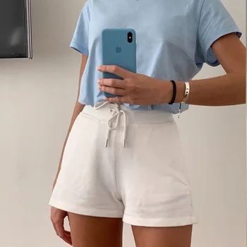 

NCLAGEN High Waist Women Summer Shorts Sashes Drawstring Casual White Bodycon Bottoms Straight Atheleisure Cotton Shorts Street