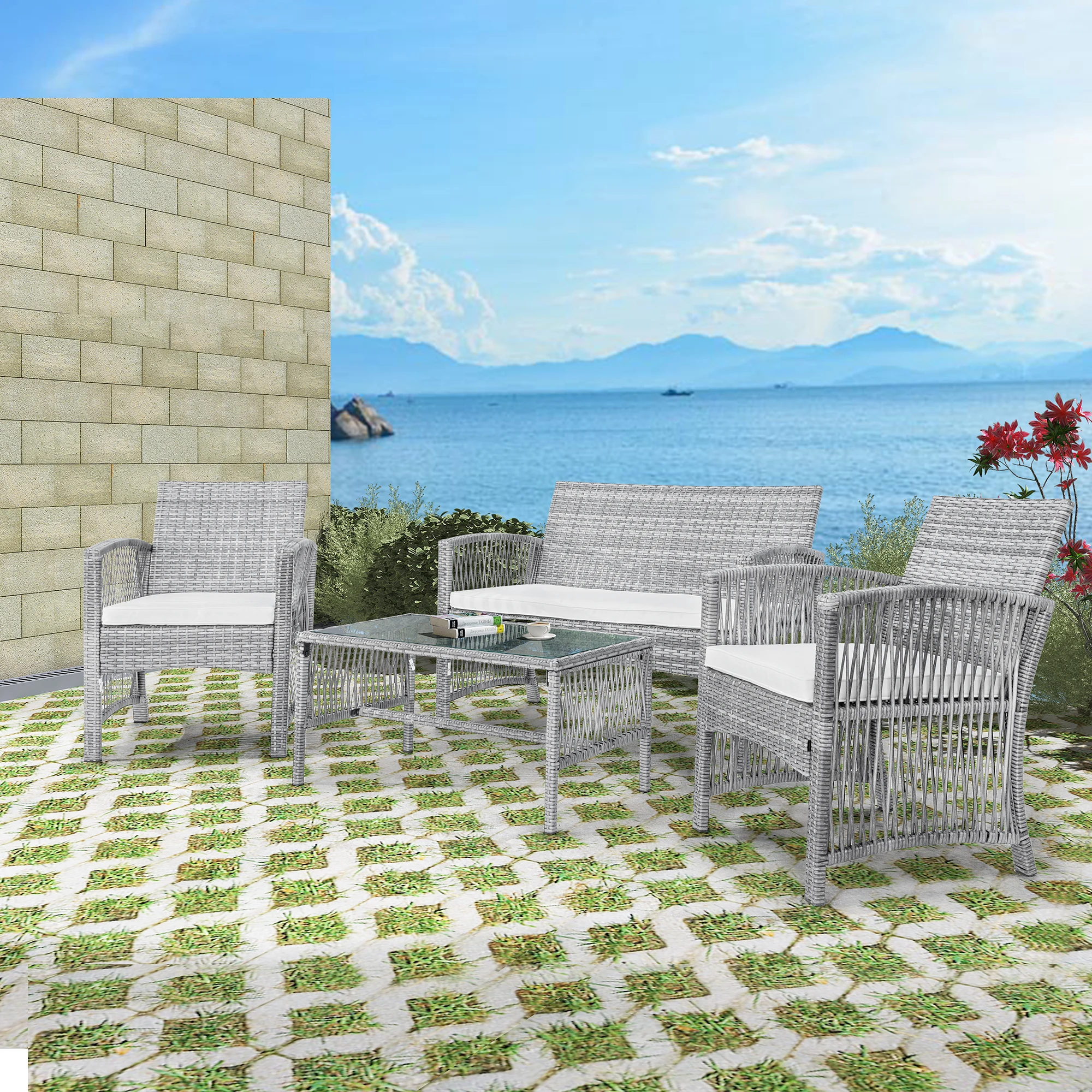 4Pcs Outdoor Patio Furniture Set 3 Rattan Chair Sofa &1 Coffee Table for Garden Backyard Porch&Poolside Gray[US-Stock] outdoor patio furniture