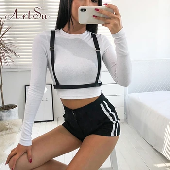 

ArtSu White Gothic T Shirt Women Streetwear Long Sleeve Crop Top Autumn Shirt Women Ribbon Patchwork Tshirt Femme ASTS21241