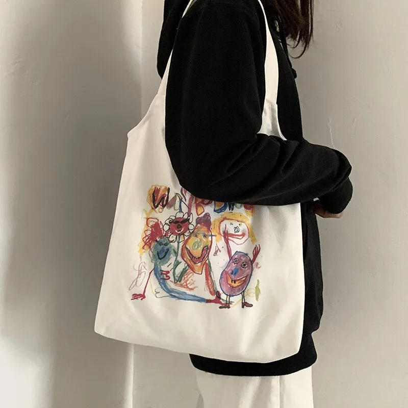 New Shopping Bags for Women Sweet Kawaii Printed Canvas Leisure Daily Shop High Quality Korean Style Grocery Bag