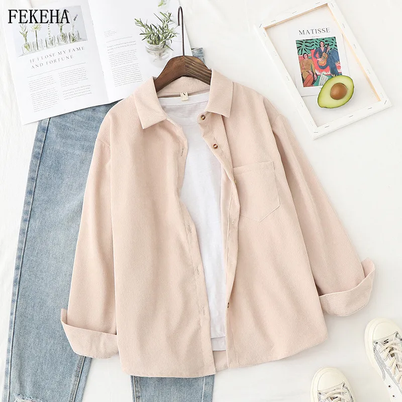 Womens Tops Shirt Blouses Spring Long-Sleeve Boyfriend-Style Loose Ladies And Solid Corduroy