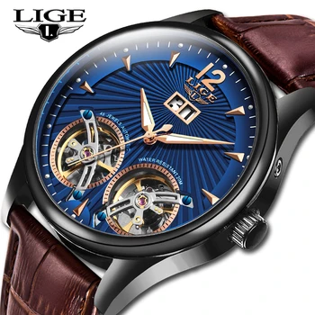 

Watch Men 2020 New LIGE Blue Leather Double Tourbillon Mechanical Mens Watches Top Brand Luxury Automatic Clock Montre Homme+Box