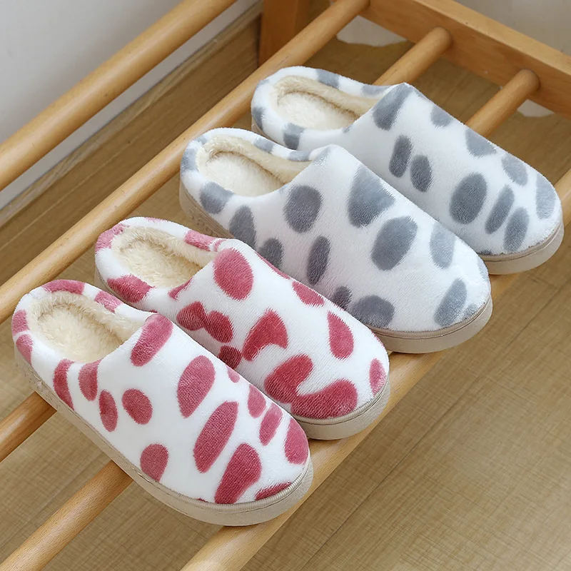 

Winter Cotton Slippers Women's Household Shoes Warm Anti-slip Home Cotton Slippers Cow Polka Dot Cute Cotton Slippers
