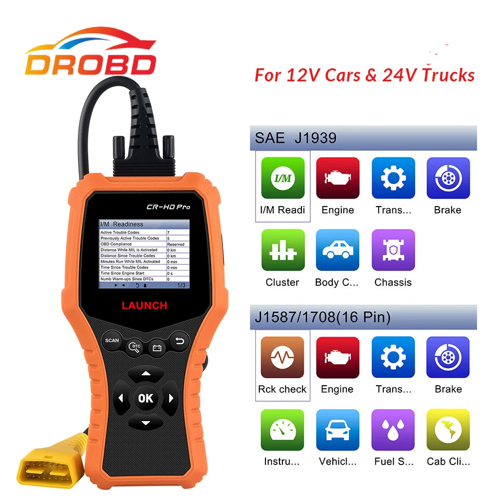 LAUNCH CR-HD Pro OBD2 code reader scanner for 12V/24V Car Truck multi-language auto diagnostic tool free update