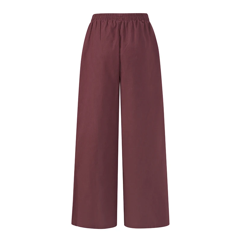 ZANZEA Women Autumn Cotton Linen Trousers Casual Wide Leg Pants Elastic Waist Color Block Pantalon Vintage Palazzo Streetwear 7