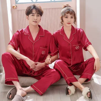 

Couple Pajamas Set Women Mens Silk Satin Pajama Set Couples Short Sleeve Sleepwear Homewear Pj Unisex Pyjamas Plus Size M-3XL
