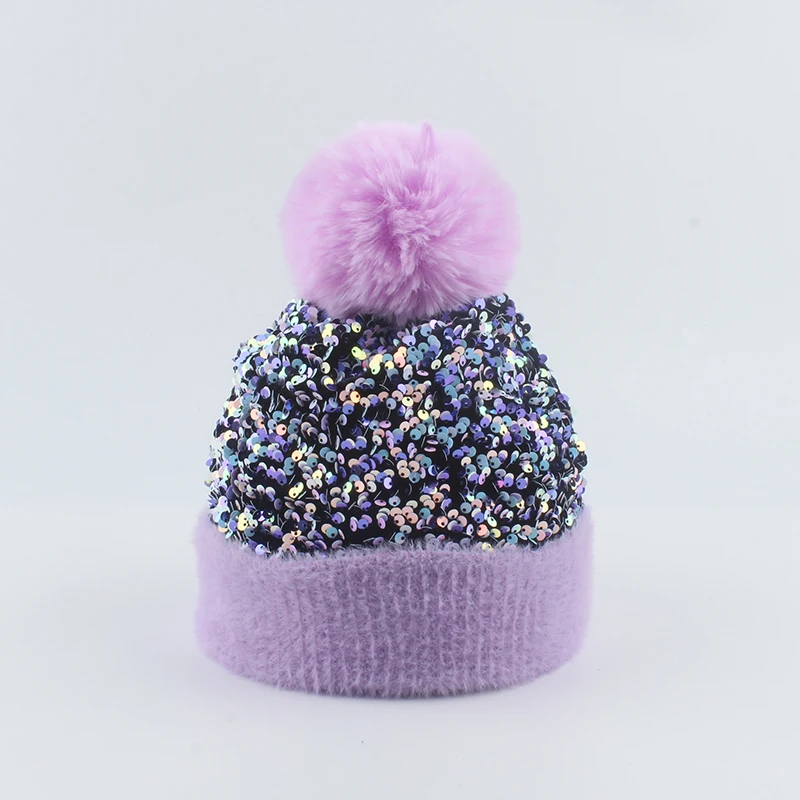 Winter Gebreide Mutsen Hoeden Vrouwen Luxe Bing Pailletten Beanie Skullies Vrouwelijke Bont Pompom Hoed Motorkap Beanie Caps 4