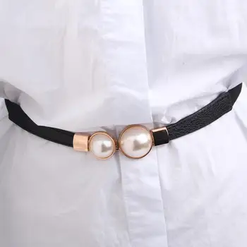 

Elegant Thin PU Leather Belt Simulated Pearl Elastic Waist Belts Women Dress Skirt Decoration Fashion Girls Accessories Gifts