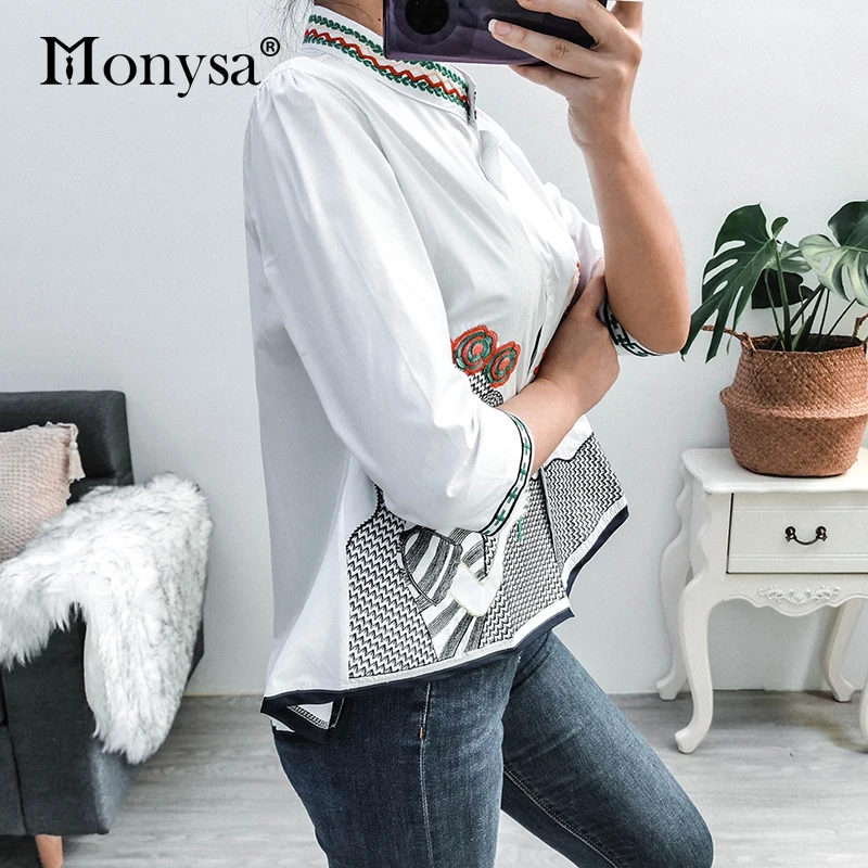 Embroidery Shirt Women Summer Autumn 2020 New Arrival Fashion 3/4 Sleeve Casual Blouses Ladies White Doll Shirt