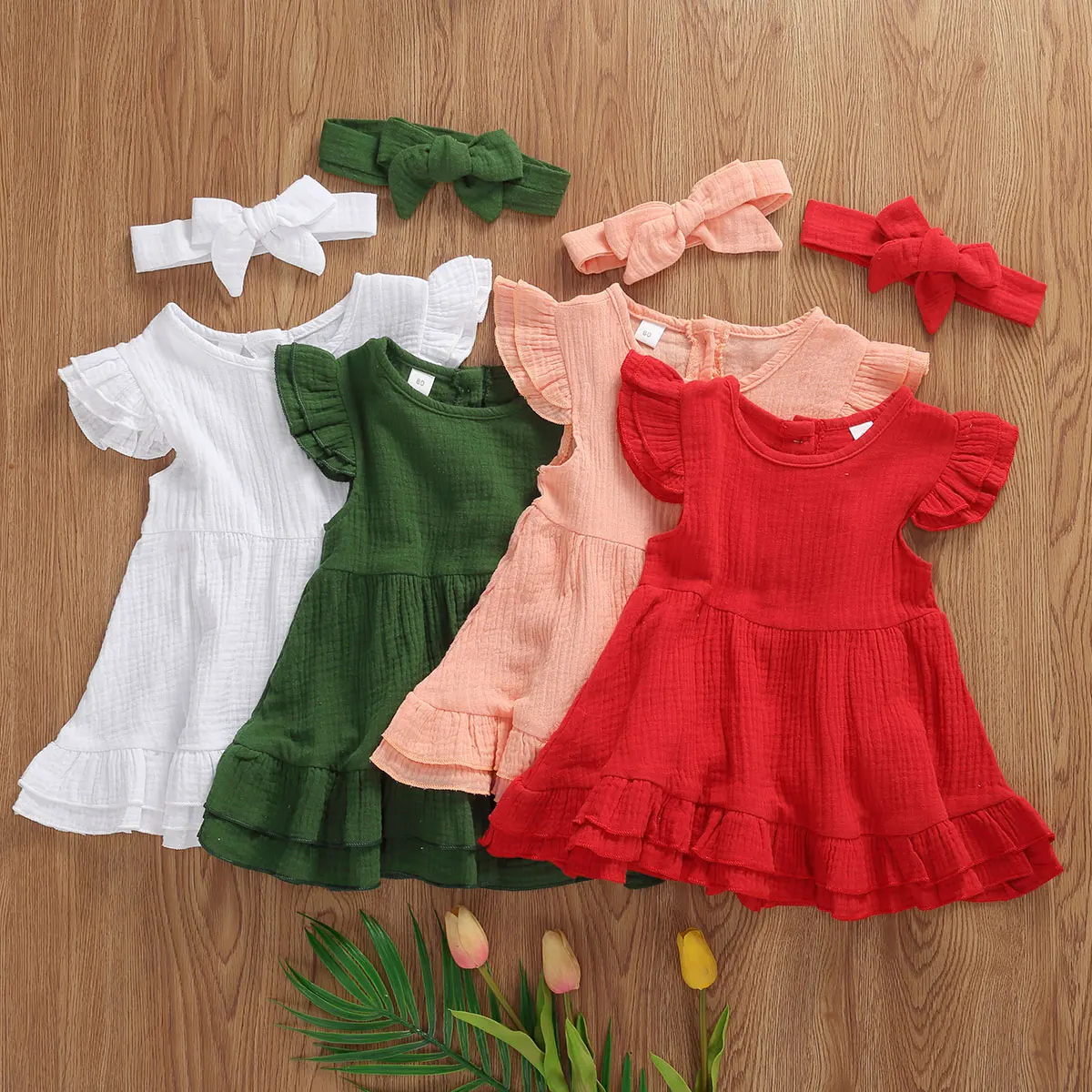 

AA 2020 Toddler Girl Dress 2Pcs Solid Color Ruffle Sleeve Mini Sundress Headband Cotton Clothing Button Princess Girls Dress