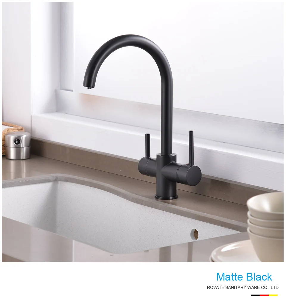 ROVATE 3-Way Sink Faucet Purified Water Hot and Cold Mixer Tap, Dual Handle Drinking Water Filter Kitchen Faucet Deck Mounted