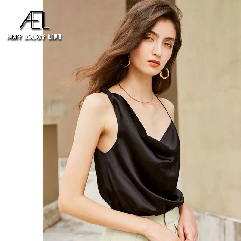 

AEL Fashion Asymmetry Halter tops Vest Sexy Low-cut Satin Blouse Woman 2020 Summer Holiday Chic Ladies Clothing New