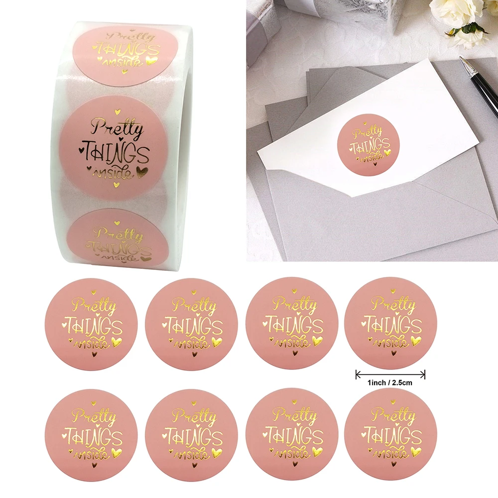 500pcs 1inch Cute Pink Pretty Things Inside Round Gold Sticker Scrapbooking Envelope Gift Box/ Bag DIY Decoration