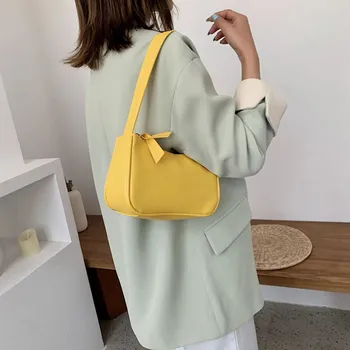 

Yellow Simple Handbags Retro Women Shoulder bags New PU Leather Casual Solid Color Portable Commute Bags For Women