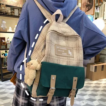 

Student Female Cute Backpack Linen Women Fashion School Bag Harajuku Girl Kawaii Backpack Canvas Lattice Ladies Bag Doll Pendant