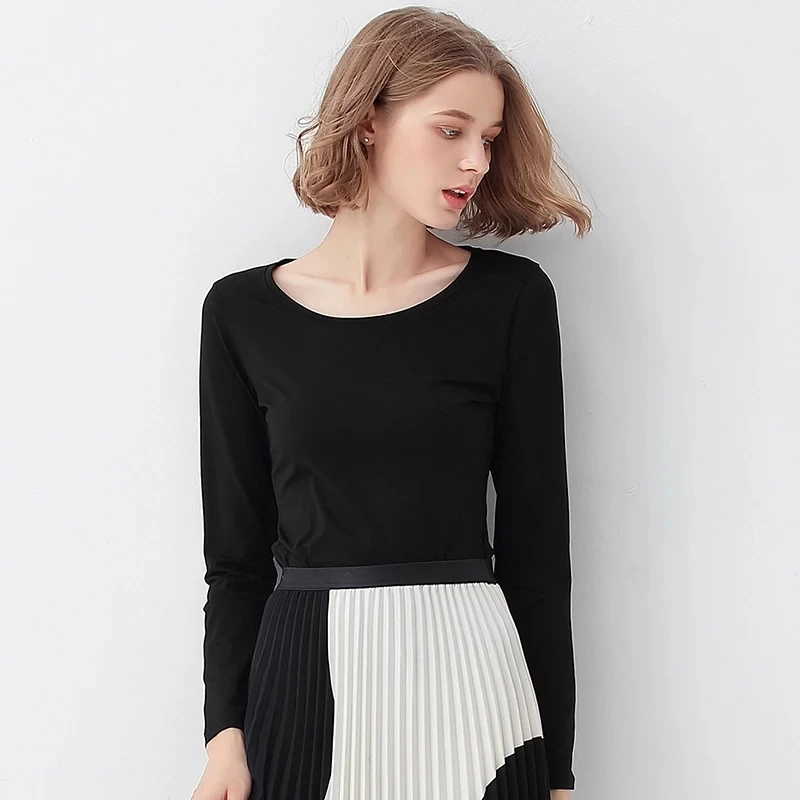 

Slim White Gothic Black Fall Winter Elastic Thick Thermal T Shirt High Street Office Lady Basic Light Fleece Tee Shirts Top