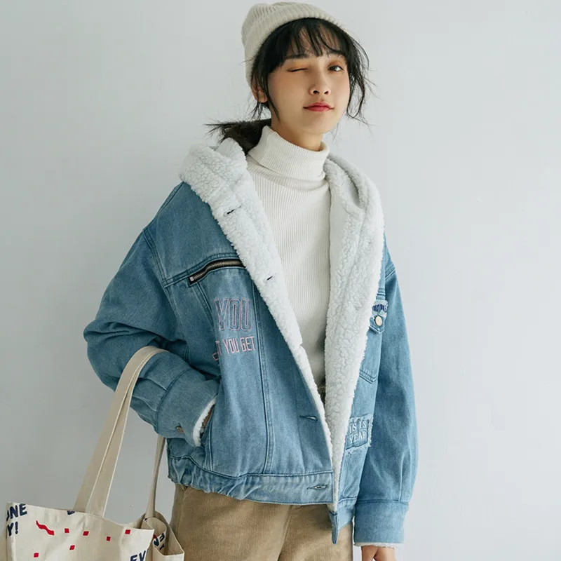 Зимнее плотное теплое флисовое джинсовое пальто для женщин Студенческая