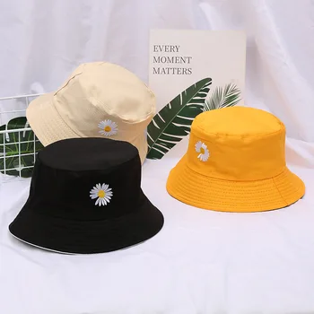 

Summer Women Bucket Fishing Hats Sunscreen Sun Cap Daisy Embroidery Spring Lady Fisherman Hat For Student Couples