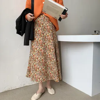

2020 New Spring High Waist Students Elegant Print Floral A-line Women Chic Elastic-Waist Summer Long Female Skirt