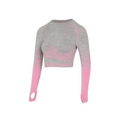 Женский бесшовный укороченный топ с длинным рукавом, рубашки для йоги с отверстием для большого пальца, быстросохнущее фитнес бесшовное для тренировки, топ, женские рубашки - Цвет: Pink