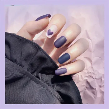 

24PCS/box Fashionable Blue Purple Mid-length Square Head false nails press on Manicure Patch Heart Pattern Decorate Full Cover