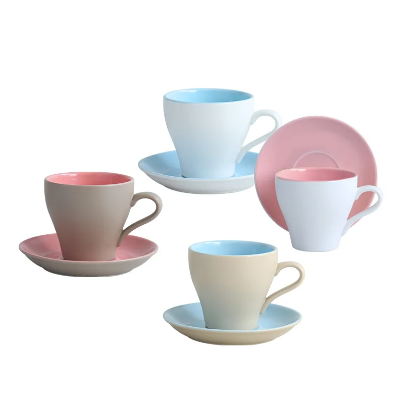 

Creative Coffee Cup and Disk Set Colored Glaze Dumb Ceramic Individuality European Coffee mug Frosted Fresh Couple Cup modern