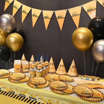 

60PCS Set Excavator Party Decor Paper Cup Plate Banners Baby Shower Balloons Kids Birthday Party Supplies Home Dinner Tableware