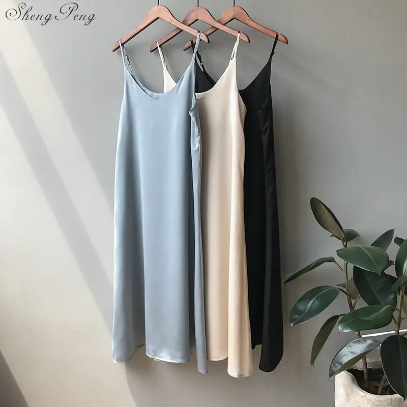 

Spring 2019 Woman Tank Dress Casual Satin Sexy Camisole Elastic Female Home Beach Dresses V1671