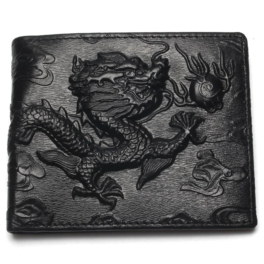 Китайский дракон, кошелек, Ретро стиль, натуральная кожа, мужские кошельки, бренд, уникальный дизайн, узор, мужской, складной, длинный, короткий, кошелек, визитница - Цвет: Black S