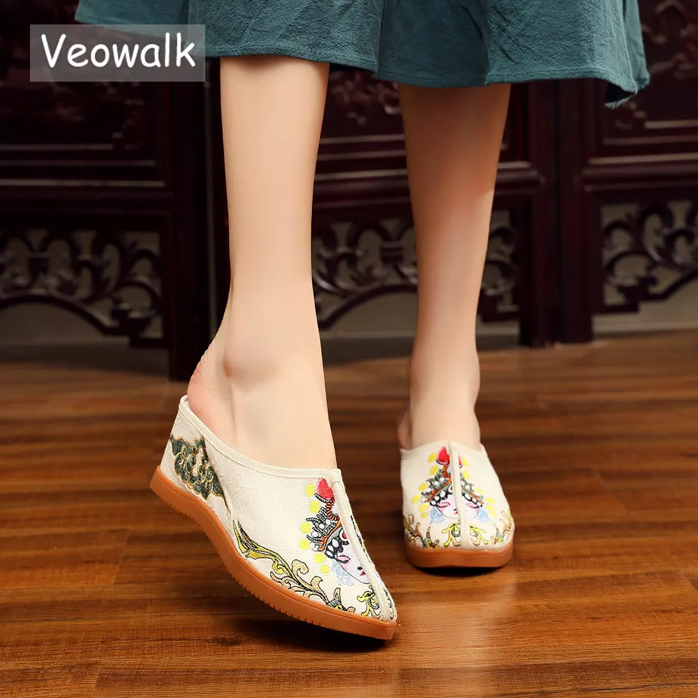 Veowalk Daomadan/женские парусиновые шлепанцы на танкетке с вышивкой; сезон лето; женские удобные шлепанцы на платформе в китайском стиле