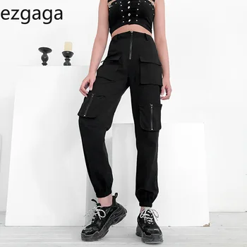 

Ezgaga Women Cargo Pants High Waist Zipper Pockets Fashion Casual Straight Female Trouser Thin Streetwear Elastic Joggers