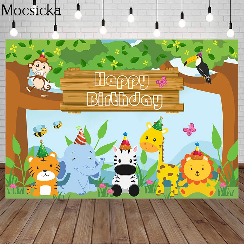 Happy Birthday Background Jungle Adventure Animal Cartoon Photo Backdrop for Photography Baby Party Supplies Props | Электроника