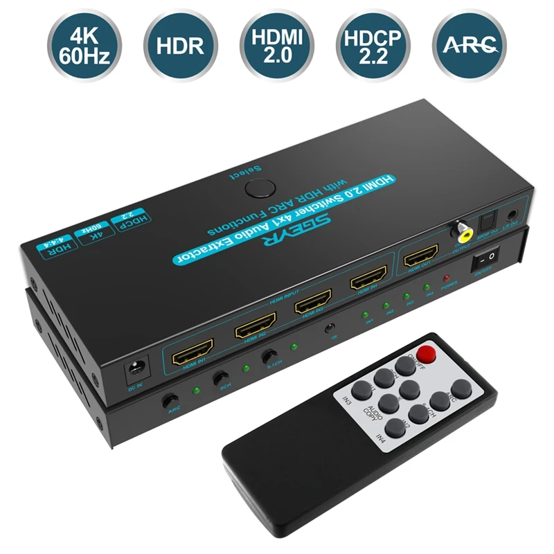 

SGEYR 4K HDMI Switch 4x1 4 In 1 Out SPDIF & L/R Audio HDMI Switcher Audio Extractor With ARC & IR Control For PS4 Apple TV HDTV