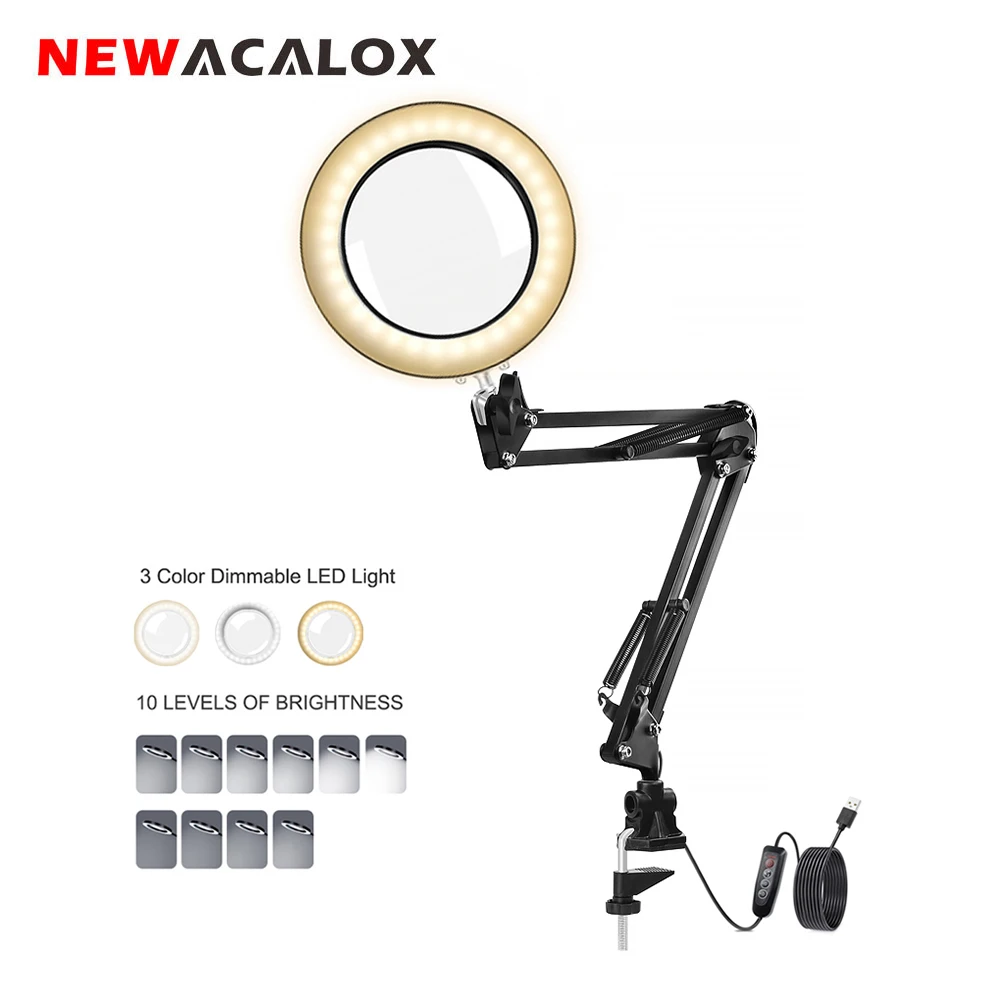 NEWACALOX Magnifying Glass with LED Light Third Hand Soldering Tool Desk Clamp USB 5X Magnifier Welding/Reading 8W Table Lamp