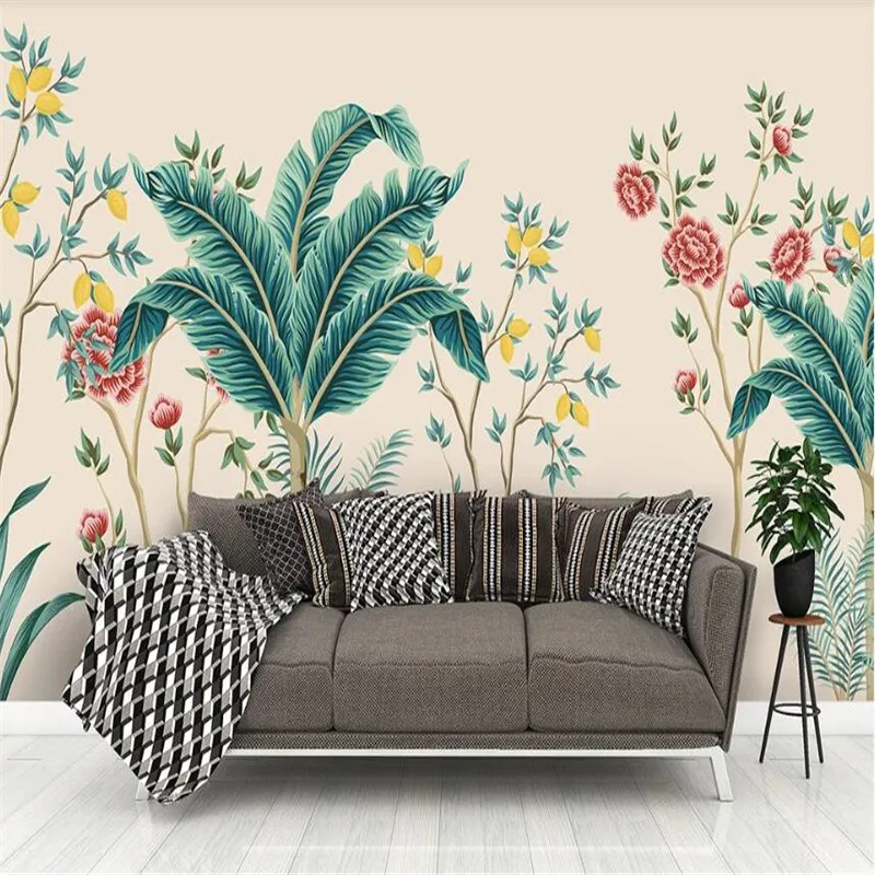 Large 3D wallpaper mural custom Nordic hand-painted plants flowers and birds bedroom background wallpaper mural