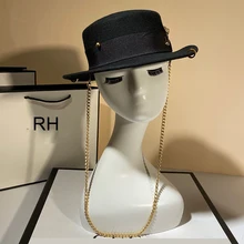 Black Cap Female British Wool Hat Fashion Party Flat Top Hat Chain Strap and Pin Fedoras for Woman for Punk Street-style RH