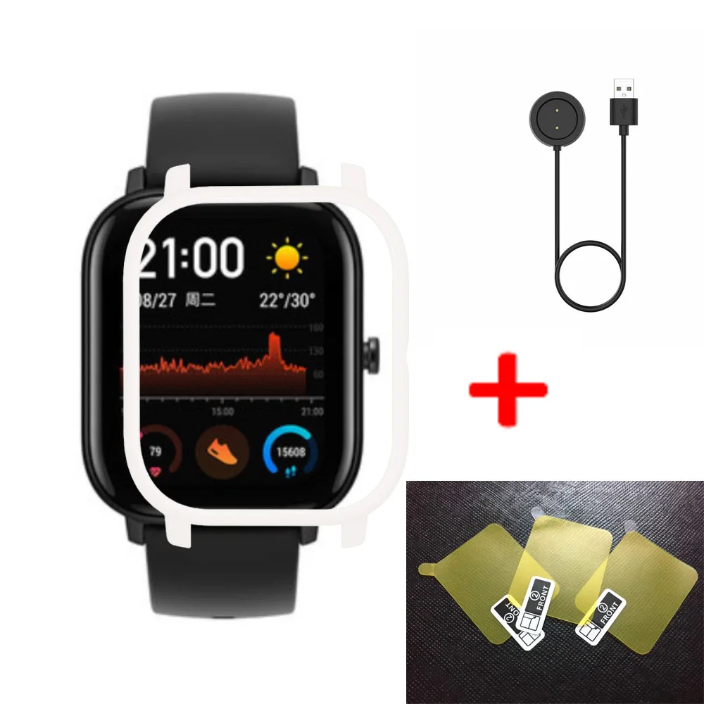 3 в 1 USB кабель зарядное устройство для Xiaomi Huami Amazfit GTS смарт-ремешок чехол для часов PC защитный чехол для Amazfit GTS пленка для экрана - Цвет: White