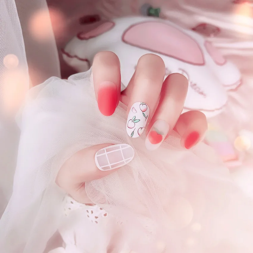 High Quality Matte Cute Small Fresh Peach Round False Nails Finished Nail Patch 24pcs/box | Красота и здоровье