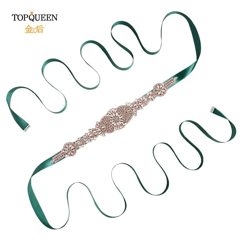 green TOPQUEEN S123-RG rose gold rhinestone bridal belt newest rose gold bridal belt fashion beads bridal belt crystal bridal belt - Цвет: green