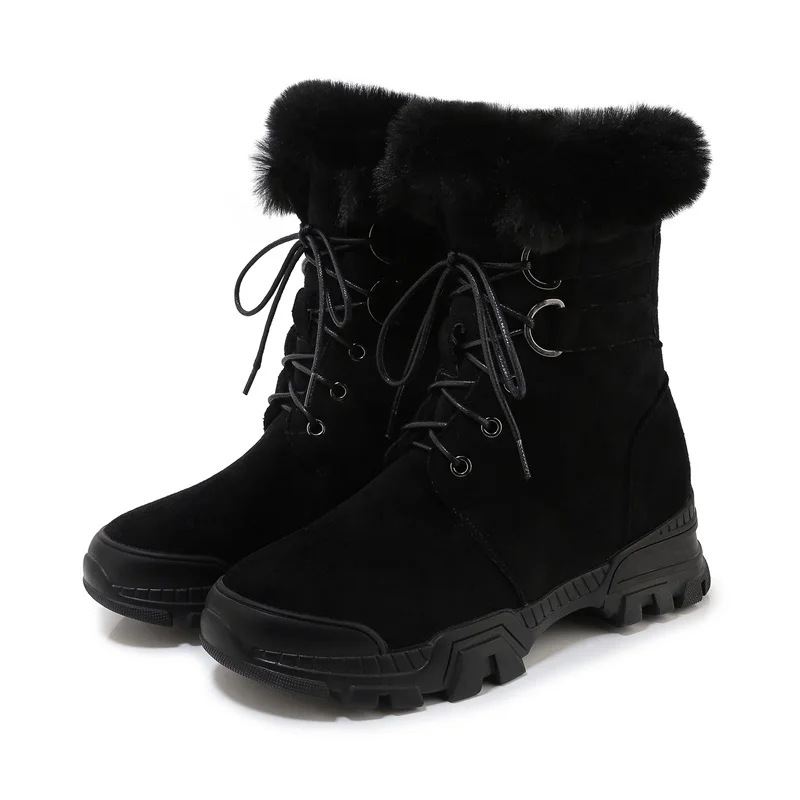 Модные женские зимние ботинки; зимняя кожаная повседневная обувь на меху; женские ботильоны с круглым носком на платформе с теплым мехом внутри и перекрестной шнуровкой - Цвет: black