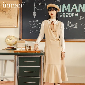 

INMAN 2020 Autumn Winter New Arrival Jumper Skirt Bow-tied Square Collar Mid-length Ruffle with Strap Dress