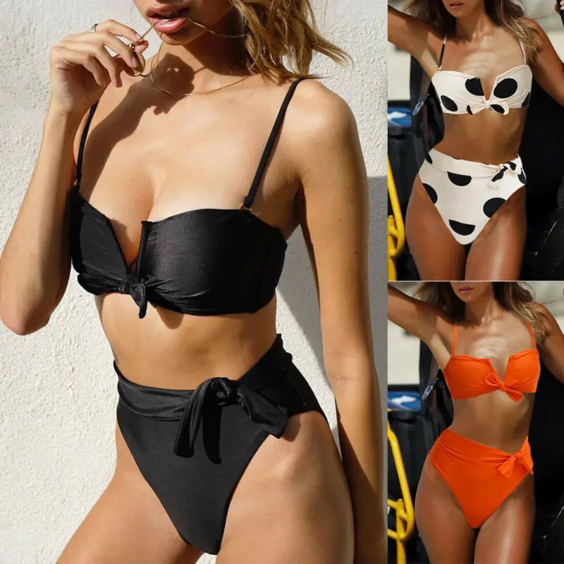 

High Waist Women Bikini 2020 Sexy Deep V Bust Bowknot Swimwear Bandage Push Up Padded Beachwear Bathing Suit Swimsuit