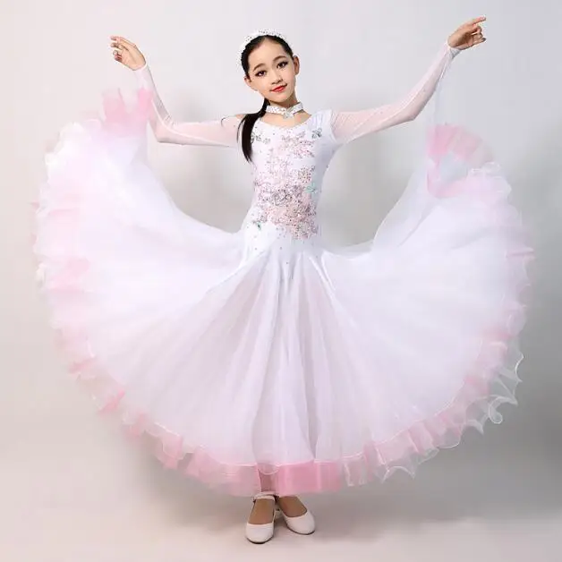 

Girls National Standard Dance Dress Children Modern Ballroom Rhinestones Performance Stage White