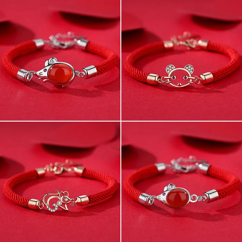 

2020 Hot Sale 925 Sterling Silver Bracelets For Women Fashion Jewelry Cute Cartoon Mouse Red Rope Bangle Girl Anniversary Gift